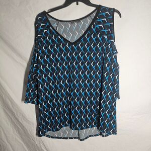 Plus size cold shoulder blue black v neck top